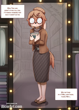5_fingers accessory anthro biped blush book bottomwear clothed clothing clothing_store eyebrows eyewear female fingers fitting_room footwear glasses hair hair_accessory hair_bun hairclip mirror opaque_glasses reflection skirt solo store tail text alcorart conditional_dnp phoebe_(alcorart) bird_dog canid canine canis domestic_dog hunting_dog mammal spaniel 2025 comic digital_media_(artwork) english_text hi_res url