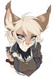 2015 alternative_fashion angry anthro ariyah_(meg) blonde_hair blue_eyes breasts bust_portrait clothed clothing digital_media_(artwork) ear_tuft felid feline female female_anthro grey_eyes hair jacket long_hair looking_at_viewer lynx mammal pink_nose pollo-chan portrait scarf simple_background solo topwear torn_clothing tuft