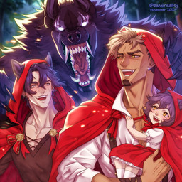 anthro black_hair blonde_hair brown_clothing brown_topwear cape clothed clothing ear_piercing ear_ring empty_eyes eyelashes female front_view fur glistening glistening_eyes glowing glowing_eyes grey_body grey_fur group hair holding_another male muscular muscular_anthro muscular_humanoid muscular_male open_mouth open_smile orange_eyes piercing red_cape red_clothing red_hood ring_piercing smile tan_body tan_skin topwear white_clothing white_eyes white_topwear yellow_eyes young young_female young_humanoid demireality mythology canid canine humanoid mammal mythological_canine mythological_creature werecanid werecanine werecreature werewolf 1:1