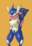 anthro big_breasts breasts female genitals hands_behind_back long_tongue looking_at_viewer nipples nude pussy short_tail simple_background solo standing tail thick_thighs tongue tongue_out water itzimiau nintendo pokemon amphibian frog generation_6_pokemon greninja pokemon_(species) absurd_res hi_res