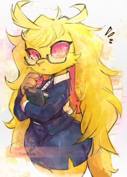 4_fingers anthro bangs black-framed_eyewear blonde_hair blue_bottomwear blue_clothing blue_jacket blue_skirt blue_topwear body_fur bottomwear business_attire claws clipboard clothing collared_shirt colored_sclera emanata eyewear fangs female female_anthro fingers formal_wear freckles fur glasses hair holding_clipboard holding_object jacket long_ears long_sleeves miniskirt parted_lips pawpads pencil_skirt pince-nez pink_pawpads red_eyes red_sclera scut_tail semi-rimless_eyewear shirt short_hair short_snout short_tail shortstack shortstack_female side_slit simple_background skirt skirt_suit solo standing suit swept_bangs tail teeth text topwear white_background white_clothing white_shirt white_topwear wide_hips yellow_body yellow_fur thwillartz lagomorph leporid mammal rabbit 2025 artist_name dated hi_res portrait signature three-quarter_portrait