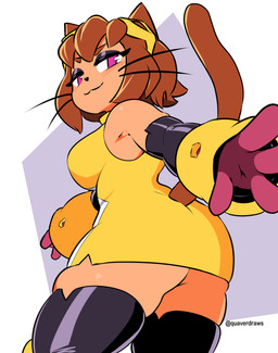 anthro big_breasts big_butt blush blush_face blush_lines breasts butt cat_tail clothed clothing eyelashes eyeshadow female hair looking_at_viewer looking_back looking_back_at_viewer makeup short_hair simple_background solo text whiskers quavernsfw gameoverse glitch_productions kit_bodega domestic_cat felid feline felis mammal absurd_res artist_name hi_res