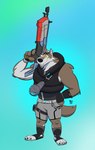 anthro belt biped bottomwear brown_body brown_fur clothing detailed_background eyebrows fingerless_gloves footwear fur furgonomic_footwear furgonomic_headwear furgonomics gloves gun hand_on_hip handwear hat headgear headwear holding_gun holding_object holding_ranged_weapon holding_weapon male muscular muscular_anthro muscular_male orange_sclera pose ranged_weapon shoes shorts shotgun smile solo standing tan_body tan_fur topwear vest weapon talegas epic_games fortnite wendell_(fortnite) canid canine canis mammal wolf 2023 digital_media_(artwork) hi_res