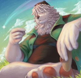 anthro belly detailed_background feet hair hair_over_eyes kemono male overweight overweight_male sitting solo white_body guadr canid canine canis domestic_dog mammal 2026 absurd_res character_request hi_res