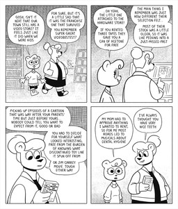 4_panel_comic anthro baseball_jacket black_clothing black_dress black_legwear black_nose cassette_tape clothing conjoined_speech_bubble dialogue dress duo eyelashes female hair hair_bun halftone_background high_top_shoes inside legwear open_mouth open_smile oversized_clothing oversized_topwear pattern_background puppet shelf simple_background smile speech_bubble store sweater text topwear video_cassette video_store horseonvhs jeanie_jacobs_(horseonvhs) summer_springs_(horseonvhs) bear mammal rodent black_and_white comic english_text halftone hatching_(art) monochrome shaded trans_(lore) trans_woman_(lore)