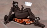 anthro black_body black_fur black_hair bodily_fluids bone breasts butt_crush car crossed_legs crush crushed_vehicle featureless_breasts female fur hair long_hair macro motor_vehicle narrowed_eyes nude outdoor_nudity outside pawpads paws saliva sitting sitting_on_car sitting_on_vehicle skull skull_head solo tail texting tongue tongue_out vehicle vehicle_destruction wet_soc scp_foundation scp-1471-a canid canine canis malo mammal digital_media_(artwork) hi_res