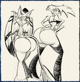 anthro big_butt boots bottom_heavy bra butt clothing duo footwear high_heeled_boots high_heels legwear macro_butt male male/male panties shoes take_your_pick thick_thighs thigh_boots thigh_highs underwear wide_hips nondelismell hazbin_hotel hellaverse angel_dust husk_(hazbin_hotel) animal_humanoid arachnid arachnid_humanoid arthropod arthropod_humanoid cat_demon demon domestic_cat felid feline felis humanoid mammal spider_humanoid hi_res