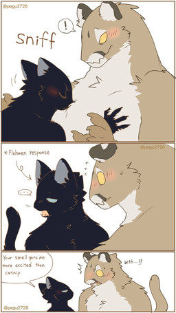 3_panel_comic anthro athletic athletic_anthro athletic_male biped black_body black_fur blush brown_body brown_fur cat_tail chest_grab compliment dialogue duo ellipsis emanata empty_eyes face_on_chest flehmen_response fur half-closed_eyes larger_anthro larger_male looking_at_another male male/male male_anthro male_on_anthro monotone_body monotone_fur multicolored_body multicolored_fur narrowed_eyes nude nude_anthro nude_male onomatopoeia open_mouth side_view size_difference slim slim_anthro slim_male smaller_anthro smaller_male sniffing sound_effects speech_bubble speechless sweat_emanata text two_tone_body two_tone_fur white_body white_fur yellow_sclera pegu2726 cougar domestic_cat felid feline felis mammal 2026 9:16 artist_name comic digital_drawing_(artwork) digital_media_(artwork) english_text flat_colors hi_res