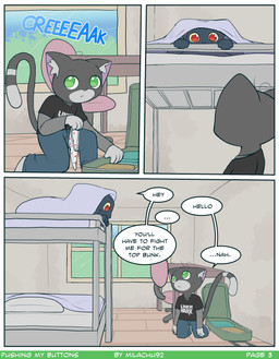 ambiguous_gender anthro bed bedroom black_body black_fur clothing dialogue duo fur furniture green_eyes grey_body grey_fur male onomatopoeia red_eyes sound_effects suitcase text underwear milachu92 night_in_the_woods buttons_(milachu92) mae_borowski domestic_cat felid feline felis mammal absurd_res comic english_text hi_res