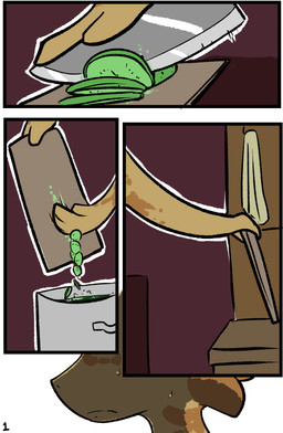 anthro apron clothing cooking cooking_pot cutting_board knife male solo brradett tim_(brradett) scalie absurd_res comic hi_res