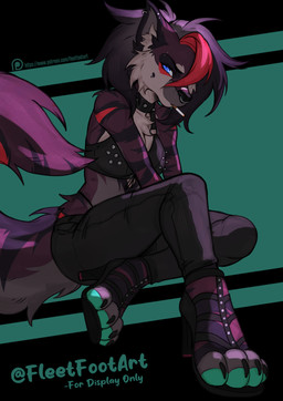 4_toes anthro biped black_hair blue_eyes bottomwear breasts claws clothed clothed_anthro clothed_female clothing countershade_fur countershade_torso countershading ear_piercing feet female footwear front_view fully_clothed fully_clothed_anthro fully_clothed_female fur hair inner_ear_fluff looking_at_viewer pants piercing shoes sitting solo tail toe_claws toes topwear tuft fleet-foot hyena mammal 2025 digital_drawing_(artwork) digital_media_(artwork) hi_res
