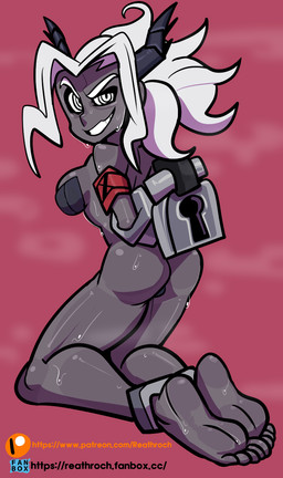 barefoot bodily_fluids breasts butt feet female hair horn looking_back not_furry smile soles solo sweat sweatdrop toes reathroch helltaker judgement_(helltaker) demon demon_humanoid horned_humanoid humanoid hi_res
