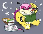 anthro book claws eyewear male pencil_(object) simple_background sitting solo sunglasses text toe_claws lennydrawsthings mario_bros nintendo koopaling roy_koopa koopa scalie english_text