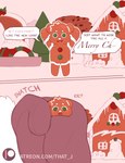 ambiguous_gender anthro character_in_hand clothing cookie dialogue food gingerbread gingerbread_house handwear holding_character holidays interrupted_speech larger_ambiguous mittens mostly_offscreen_character size_difference smaller_ambiguous talking_to_viewer text uhoh that_j christmas santa_claus bear food_creature mammal digital_media_(artwork) english_text hi_res url