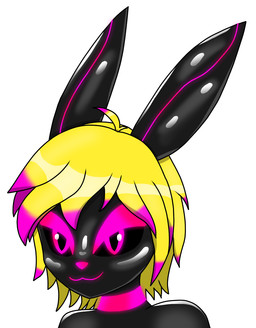 anthro black_body blonde_hair clothing drone dronification female glowing glowing_eyes hair happy highlights_(coloring) latex latex_clothing latex_skinsuit pink_highlights skinsuit solo tight_clothing transformation unknown_artist milky_rivas lagomorph mammal headshot_portrait portrait