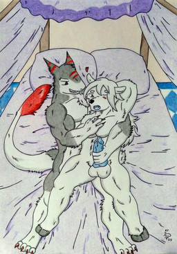4_toes animal_genitalia anthro athletic athletic_anthro athletic_male balls barazoku bed bed_sheet bedding bedroom_sex biceps black_body black_fur black_nose blue_eyes blue_knot blue_penis blue_tongue blush blush_lines bodily_fluids canopy_bed chest_tuft claws colored_nails cum dripping duo erection feet fingers fur furniture genital_fluids genitals green_eyes hair high-angle_view hooves knot leaking_precum long_hair male male/male manly masturbation multicolored_body multicolored_fur muscular muscular_anthro muscular_arms muscular_legs muscular_male nails nude on_bed one_eye_closed open_mouth pecs penile penis pillow precum precum_drip precum_on_penis purple_bed_sheet red_nails scut_tail sharp_teeth short_tail smile tail teeth toes tongue touching_chest tuft white_body white_fur white_hair dashthefox chinese_water_deer deer mammal sergal water_deer 2025 colored_pencil_(artwork) hi_res traditional_media_(artwork)