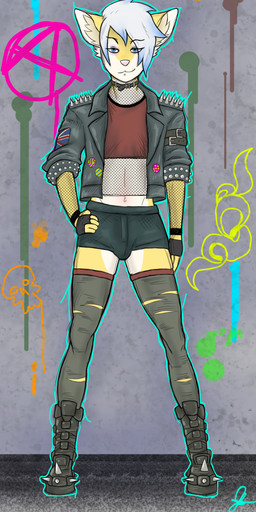 alternative_fashion anarchy_symbol anthro boots choker clothing crop_top femboy footwear gloves hair handwear highlights_(coloring) jewelry leather leather_clothing legwear male necklace punk shirt shoes solo thigh_highs topwear white_hair elfheffy canid canine fennec_fox fox mammal true_fox hi_res