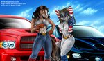 anthro blue_sky bottomwear brown_eyes car clothing day denim denim_bottomwear denim_clothing detailed_background duo female gloves handwear jeans light_truck motor_vehicle pants pickup_truck pose sky tight_clothing truck_(vehicle) vehicle magolobo dodge_(brand) general_motors pontiac pontiac_firebird ram_trucks domestic_cat equid equine felid feline felis horse mammal 2006 digital_media_(artwork)