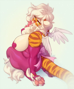 accessory anthro big_breasts bow_(feature) bow_accessory bow_ribbon breasts butt chest_tuft claws clothed clothing colored_nails countershading curvy_figure facial_markings feathered_wings feathers feet female finger_claws fur furgonomics gloves hair handwear head_markings heart_pasties highlights_(coloring) kneeling leg_tuft legwear looking_at_viewer looking_back looking_back_at_viewer markings multicolored_hair nails pasties pawpads pink_hair pink_highlights pink_pawpads ribbons simple_background sitting slightly_chubby smile solo striped_body striped_fur striped_markings striped_tail stripes tail tail_accessory tail_bow tail_markings tail_ribbon thick_thighs tight_clothing toe_claws toeless_legwear toes topwear tuft two_tone_hair voluptuous white_background white_hair wings yellow_eyes buxbi buxbi_(character) felid mammal pantherine tiger digital_media_(artwork) signature