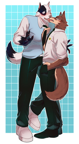 anthro duo kissing male male/male text chantilly_art taika_no_risei taika_(taika_no_risei) tsunayoshi_(taika_no_risei) canid canine canis domestic_dog german_shepherd herding_dog mammal pastoral_dog pit_bull absurd_res english_text hi_res