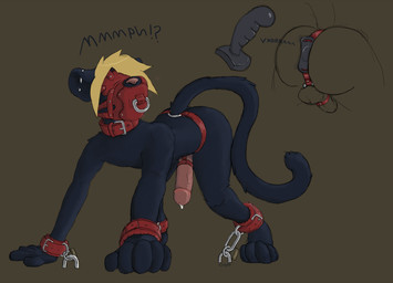 anal anal_penetration bdsm blindfold bondage bound buttplug collar cuff_(restraint) dildo erection genitals humanoid_genitalia humanoid_penis male muzzle_(object) muzzled penetration penis plug_(sex_toy) restraints sex_toy shackles solo submissive submissive_male text clouded_(fa) felid mammal
