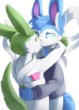 anthro black_clothing black_hoodie black_topwear blue_body blue_eyes blue_fur blue_tail cheek_tuft clothing duo eyewear facial_tuft fluffy fur glasses green_body green_eyes green_fur green_tail half-closed_eyes hands_behind_back hands_behind_head head_tuft hoodie hug hugging_another inner_ear_fluff looking_at_another male narrowed_eyes nose_to_nose raised_tail ribbons_(anatomy) seductive simple_background smile smiling_at_another tail topwear tuft whiskers floeofice nintendo pokemon delisylvi_(character) polveon_(character) eeveelution generation_6_pokemon mammal pokemon_(species) shiny_pokemon sylveon hi_res shaded