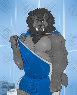 anthro balls_outline barazoku belly bodily_fluids bulge clothing detailed_bulge eyebrows facial_hair genital_outline goatee locker locker_room male mane muscular muscular_anthro muscular_male nipples penis_outline pulling_at_fabric saber shirt snarling solo stretchy_fabric sweat thick_eyebrows topwear wrestling_singlet yamatopawa hemlok felid mammal prehistoric_species saber-toothed_tiger hi_res