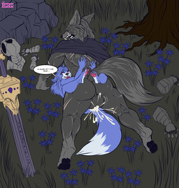 4_toes ambiguous_penetration anthro armor big_breasts big_sword blue_body blue_fur bodily_fluids breasts butt cape clothing cum cum_inside curvy_figure duo ejaculation feet female fluffy fluffy_tail from_front_position fur genital_fluids grey_body grey_fur leg_wrap lying male male/female mating_press missionary_position muscular muscular_male on_back open_mouth penetration scar sex tail teeth toes tongue voluptuous moko_(artist) elden_ring fromsoftware avi_(moko) blaidd_(elden_ring) canid canine canis mammal wolf hi_res