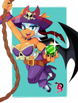 anthro bat_wings belt big_breasts black_nails black_nose black_wings blue_background blue_eyeshadow bottomwear breasts choker cleavage clothed clothing colored_nails cosplay crossover_cosplay cuffs_(clothing) ear_piercing eyeshadow female footwear front_view fur gem green_eyes hat headgear headwear high_heels holding_gem holding_object jewelry looking_at_viewer makeup membrane_(anatomy) membranous_wings nails necklace open_mouth open_smile pants piercing pirate_hat purple_bottomwear purple_clothing purple_footwear purple_hat purple_headwear purple_high_heels purple_pants purple_topwear rope shoes simple_background smile solo swinging_on_rope tan_body tan_fur thick_thighs topwear white_background white_body white_fur wide_hips wings 69lewddragon69 sega shantae_(series) sonic_the_hedgehog_(series) wayforward risky_boots rouge_the_bat bat mammal 3:4 absurd_res crossover hi_res