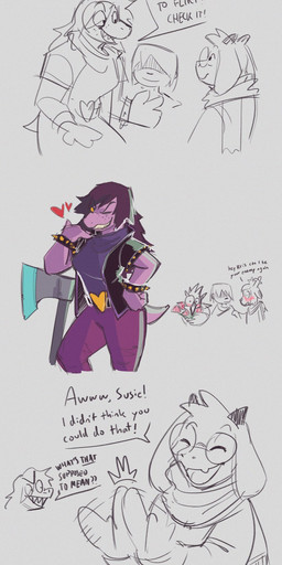 ambiguous_gender anthro axe clapping clothed clothing dialogue female flirting freckled_face freckles fur group heart_clothing heart_print heart_symbol holding_object holding_weapon humor male melee_weapon partial_speech_bubble pose print_clothing text weapon thelivingtrashcan deltarune undertale undertale_(series) berdly kris_dreemurr noelle_holiday ralsei susie_(deltarune) avian bovid caprine darkner deer goat human mammal new_world_deer reindeer reptile scalie 2021 comic digital_media_(artwork) english_text hi_res
