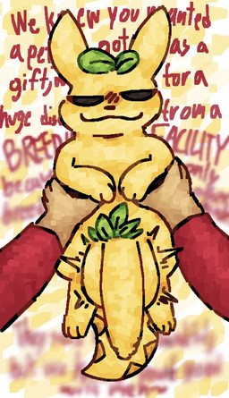big_penis blurred_text blush blush_lines clothing duo feral first_person_view food foreskin genitals half-closed_eyes holding_another human_pov leaf_pubes male male/male narrowed_eyes nude paws penis pov_hands red_clothing red_shirt red_topwear shirt size_difference small_but_hung smile smug smug_face tail text topwear tremble_spikes yellow_body scaliescum rain_world videocult citrussy food_creature human mammal slugcat aliasing digital_media_(artwork) english_text hi_res