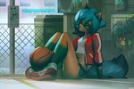 anthro basketball blue_hair blue_tail chain-link_fence city city_background clothed clothing female fence footwear graffiti green_eyes hair jacket leg_markings looking_away markings midriff open_clothing open_jacket open_topwear red_clothing red_jacket red_topwear shoes sitting sneakers solo tail topwear miles_df brand_new_animal netflix nintendo pokemon studio_trigger michiru_kagemori canid canine mammal raccoon_dog tanuki 2021