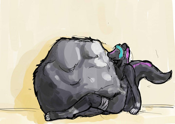 anthro anthro_pred belly big_belly black_body black_fur blue_hair eyes_closed fur hair huge_belly hyper hyper_belly male male_pred nude_pred purple_body purple_fur simple_background sitting skunk_tail smile solo vore yellow_background jeri_kleinlowe mammal mephitid skunk 2012 colored guide_lines