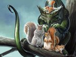 ambiguous_gender branch carrying_another copyright_symbol curled_tail feral fur green_body green_scales grey_body grey_fur group horn humor in_tree mimicry on_head plant red_body red_fur scales sitting symbol tail text tree whiskers yellow_eyes ben_wootten hasbro magic:_the_gathering wizards_of_the_coast lizard mammal reptile rodent scalie sciurid tree_squirrel 2017 4:3 artist_name official_art