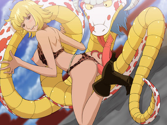 2_penises anatomically_correct animal_genitalia animal_penis animal_print bestiality blonde_hair boots breasts brown_eyes butt cloacal_penis clothed clothing cloud cowgirl_position duo erection female female_focus female_on_feral female_on_top female_penetrated feral feral_penetrating feral_penetrating_human footwear forked_tongue from_front_position genitals hair hemipenes horn human_focus human_on_feral human_penetrated interspecies male male/female male_on_bottom male_on_human male_penetrating male_penetrating_female multi_genitalia multi_penis nipples not_furry_focus nude on_bottom on_top open_mouth outside penetration penile penile_penetration penile_spines penis penis_in_vagina sex shoes smile solo_focus straddling teeth tongue vaginal vaginal_penetration toyomaru one_piece zooerastia salome_(one_piece) human mammal reptile scalie snake 4:3