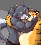 2015 anthro barazoku belly blush canid canine canis clothing duo embrace eyes_closed felid heart_symbol hi_res hug humanoid_hands kemono kissing male male/male mammal muscular overweight overweight_male pantherine simple_background tiger underwear wdh3905 wolf