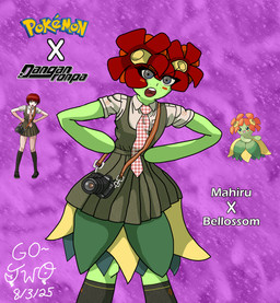bottomwear camera clothing female flower green_body green_skin hair hands_on_hips necktie photographer plant red_hair school_uniform skirt solo uniform go-two danganronpa danganronpa_2 nintendo pokemon spike_chunsoft mahiru_koizumi bellossom generation_2_pokemon humanoid pokemon_(species) hi_res reference_image
