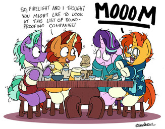 bathrobe beverage bowl bread breakfast clothing container dialogue embarrassed eyewear female feral food furniture glasses group horn humor levitation magic male newspaper robe shocked simple_background sitting stool table text toast white_background bobthedalek friendship_is_magic hasbro my_little_pony mythology firelight_(mlp) starlight_glimmer_(mlp) stellar_flare_(mlp) sunburst_(mlp) equid equine mammal mythological_creature mythological_equine unicorn 2018 english_text hi_res