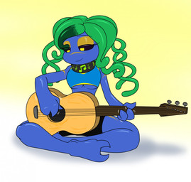 2_toes 3_fingers acoustic_guitar barefoot big_breasts black_bottomwear black_clothing black_sclera black_shorts blue_body blue_clothing blue_shirt blue_skin blue_tank_top blue_topwear bottomwear breasts calm claws clothing collar control_collar crop_top crossed_legs double_helix eyelashes eyeshadow feet female fingers gradient_background green_hair green_highlights guitar hair half-closed_eyes heart_eyes heart_symbol highlights_(coloring) looking_at_object looking_down makeup markings metal_collar musical_instrument musical_note musical_symbol narrowed_eyes not_furry pigtails playing_music plucked_string_instrument pseudo_hair pupils shirt shorts simple_background sitting smile solo string_instrument symbol tank_top tentacle_hair tentacles toe_claws toes topwear under_boob white_background yellow_background yellow_eyes yellow_eyeshadow yellow_markings yellow_pupils sandwich-anomaly tessi_(dinonickp) alien alien_humanoid colonial_organism goo_creature goo_humanoid humanoid meratrix 2019 digital_media_(artwork) hi_res