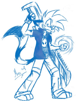 3_toes 4_fingers anthro barefoot biped bottomwear chainsword clothed clothing feet fingerless_gloves fingers fist fully_clothed fur gloves grin hair handwear holding_object holding_weapon iris jacket looking_at_viewer male markings mohawk open_clothing open_jacket open_topwear pants pattern_clothing pattern_topwear pupils raised_arm raised_tail ring_(marking) ringed_tail shirt short_hair simple_background skull_pattern small_iris small_pupils smile solo spiky_hair standing striped_markings striped_tail stripes t-shirt tail tail_markings teeth toes toony topwear undershirt weapon white_background year mercurius blaze_(mercurius) demon domestic_cat felid feline felis hybrid mammal 2007 blue_and_white monochrome signature sketch unavailable_at_source