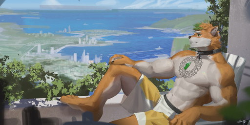 anthro black_collar bottomwear cheek_tuft chest_markings clothed clothing collar detailed_background facial_tuft fur green_eyes green_hair hair male male_anthro markings mouth_closed multicolored_hair muscular muscular_anthro muscular_male orange_body orange_fur orange_hair shorts solo topless tuft two_tone_hair water white_body white_bottomwear white_clothing white_fur white_shorts yellow_bottomwear yellow_clothing yellow_shorts awaldkize canid canine mammal 2024 absurd_res dated hi_res signature