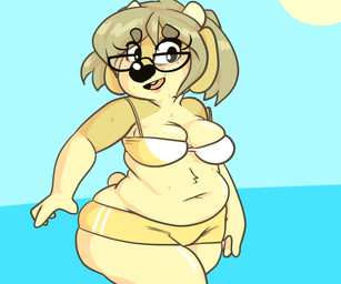 aged_up anthro belly black_nose blue_sky bodily_fluids bottomwear bra breast_squish breasts clothing deep_navel eyewear female freckles fur glasses green_body green_fur green_hair grey_hair hair horn looking_at_viewer navel open_mouth seaside short_tail shorts sky slightly_chubby smile solo squish standing sun sweat tail tan_body tan_fur underwear water wide_hips sprockeyart maggie_hudson bovid bovine cattle mammal 2017 hi_res
