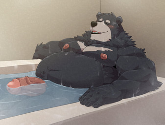 anthro bathing bathtub belly big_belly black_body black_fur black_nose eyes_closed fur humanoid_hands kemono male moobs musclegut muscular muscular_male nipples nude overweight overweight_male solo jumperbear bear mammal 2024 absurd_res hi_res