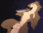 2021 abs animal_genitalia anthro balls biceps big_balls blue_eyes brown_body brown_fur crotch_tuft facial_scar fur genitals hi_res idrysse idrysse3 keel knife male muscular muscular_anthro muscular_male pecs penis penis_tip pubes scar sergal sheath simple_background solo tan_body tan_fur tuft weapon