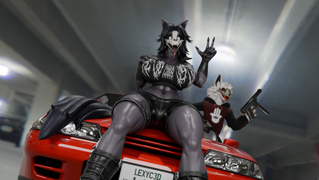 alternative_fashion anthro black_hair clothed clothing duo female fur goth hair male male/female parking_garage sports_car tec-9 white_body white_fur z4rk0 da.nilkaz_(modeler) nissan_skyline malo skulldog_(species) 3d_(artwork) absurd_res digital_media_(artwork) hi_res