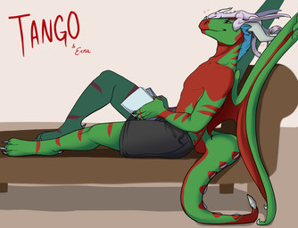 ambiguous_gender anthro book clothed clothing duo feral heart_symbol horn male sitting size_difference smile tail topless wings redpixie mythology erna tango_zulu dragon mythological_creature mythological_scalie scalie