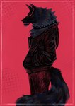 anthro black_body black_clothing black_fur black_jacket black_topwear clothing collar evil_face fur jacket male red_background red_eyes simple_background solo spiked_collar spikes topwear felipe_gse canid canine canis mammal wolf absurd_res hi_res