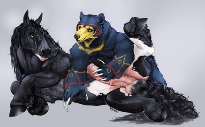 animal_genitalia animal_penis anthro anthro_on_feral balls bestiality black_body black_fur black_hair duo equine_genitalia equine_penis erection feral fur genitals grey_background hair hand_on_penis handjob hooves lying male male/male male_anthro male_feral mane medial_ring nude nude_anthro nude_male on_side overweight overweight_anthro overweight_male penile penis pink_penis red_body red_fur sex simple_background smile tail white_body white_fur yellow_body yellow_fur i-psilone phantom_(tarogar) tarogar bear draft_horse equid equine horse mammal 2020