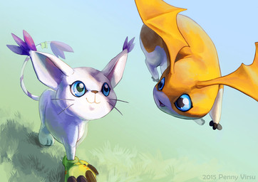 accessory all_fours blue_eyes claws clothing duo feral flying furgonomics gloves handwear jewelry open_mouth orange_body ring smile tail tail_accessory tail_jewelry tail_ring whiskers white_body wings penny-dragon bandai_namco digimon digimon_(species) gatomon patamon 2015
