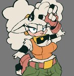 annoyed anthro bell belt big_hair blue_eyes bottomwear clothing crop_top curly_hair female fingerless_gloves fur gesture gloves green_bottomwear green_clothing green_pants grey_background hair hand_gesture hand_on_hip handwear horn long_hair looking_at_viewer loser_gesture pants pivoted_ears shirt simple_background sleeveless_shirt solo topwear white_body white_fur white_hair wool_(fur) aaaaaron122 idw_publishing sega sonic_the_hedgehog_(comics) sonic_the_hedgehog_(idw) sonic_the_hedgehog_(series) lanolin_the_sheep_(sonic) bovid caprine mammal sheep absurd_res digital_drawing_(artwork) digital_media_(artwork) flat_colors hi_res